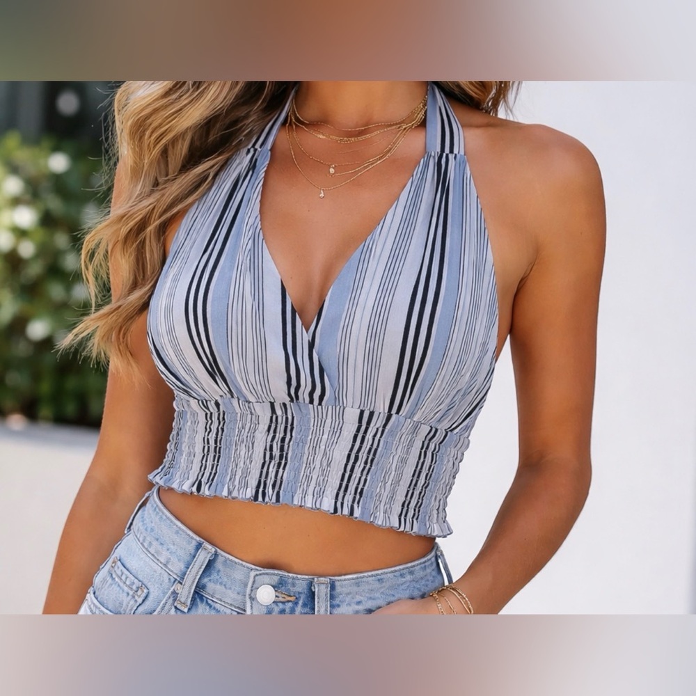 FAVLUX Blue White Striped Halter Tie Crop Top Smocked Back Size S